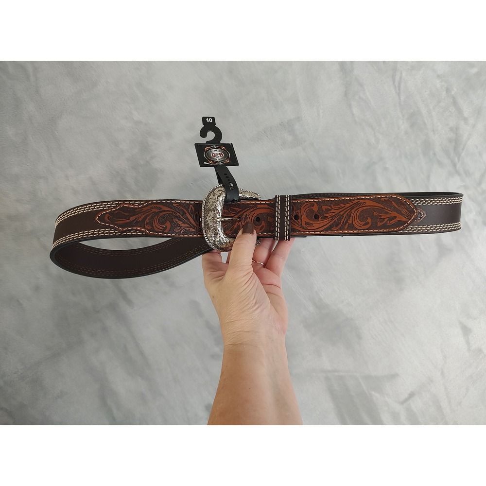 Western Belt Brown Tooled Leather Floral Silver Buckle Size 40‎ New